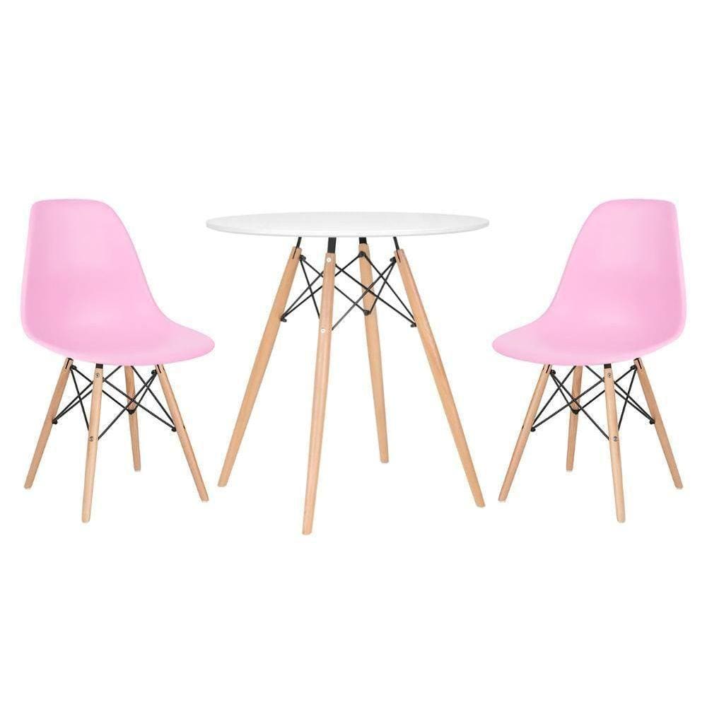 Mesa Redonda Eames 70 Cm Branco + 2 Cadeiras Eiffel Dsw Rosa Claro