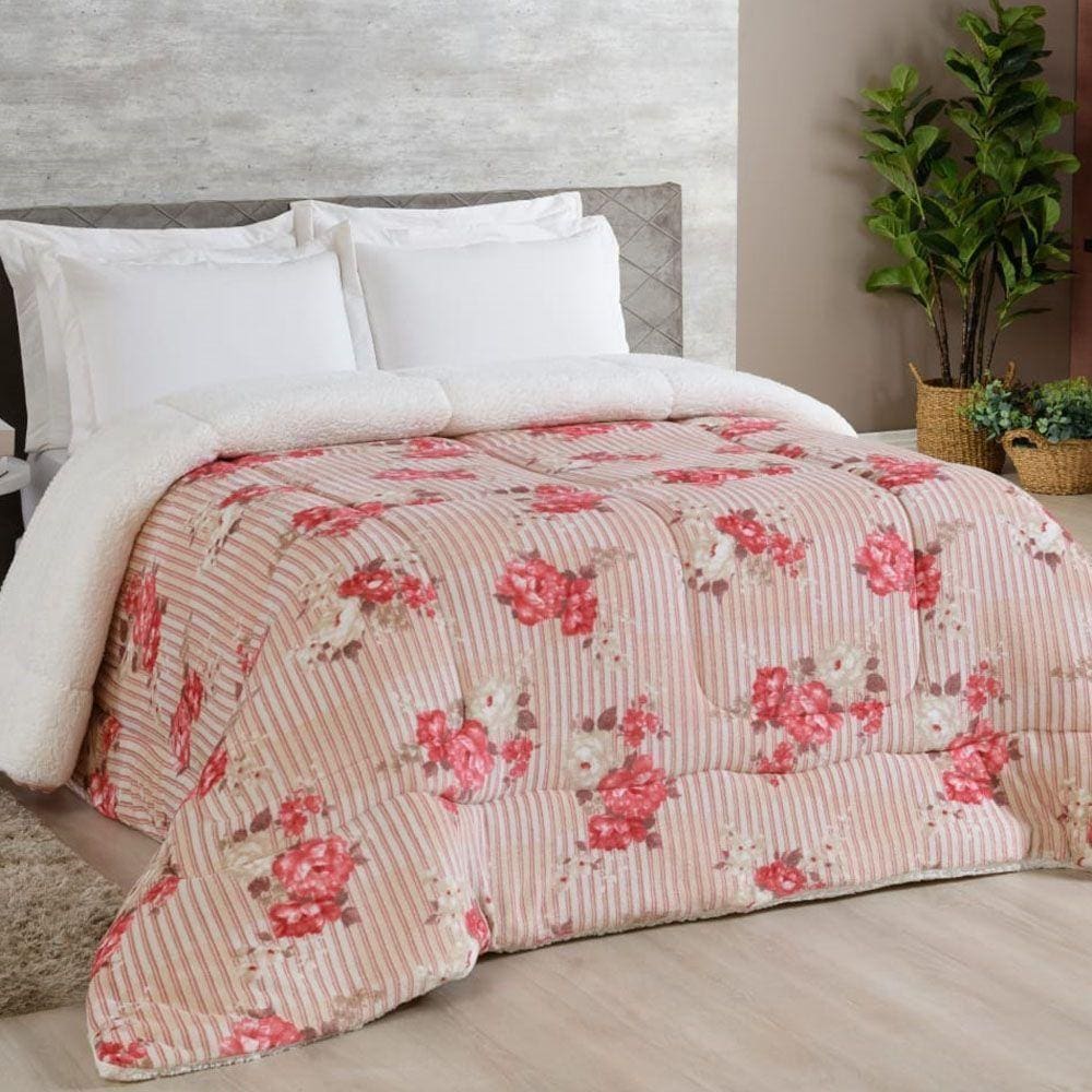 Coberdrom Queen Manta Sherpa 1 Peça Vermelho Listrado