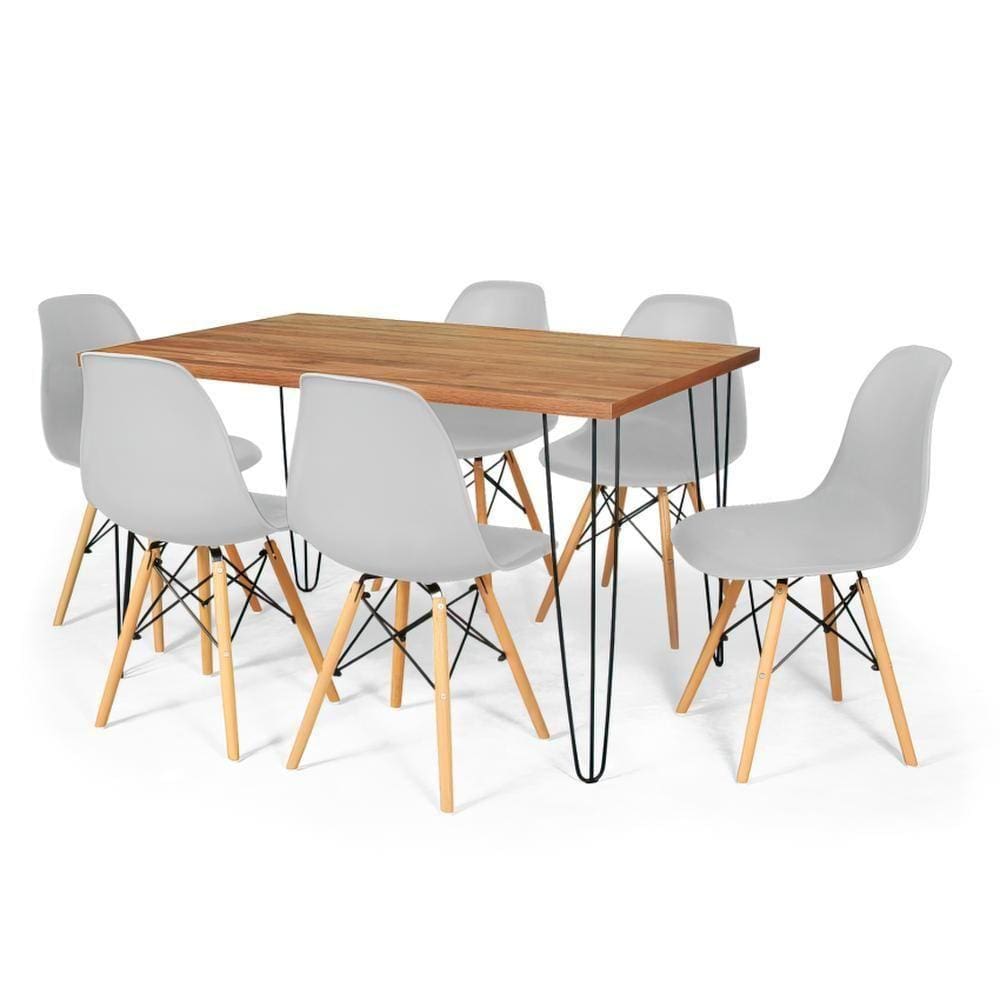 Conjunto Mesa De Jantar Hairpin 130x80 Natural Com 6 Cadeiras Eames Eiffel - Cinza