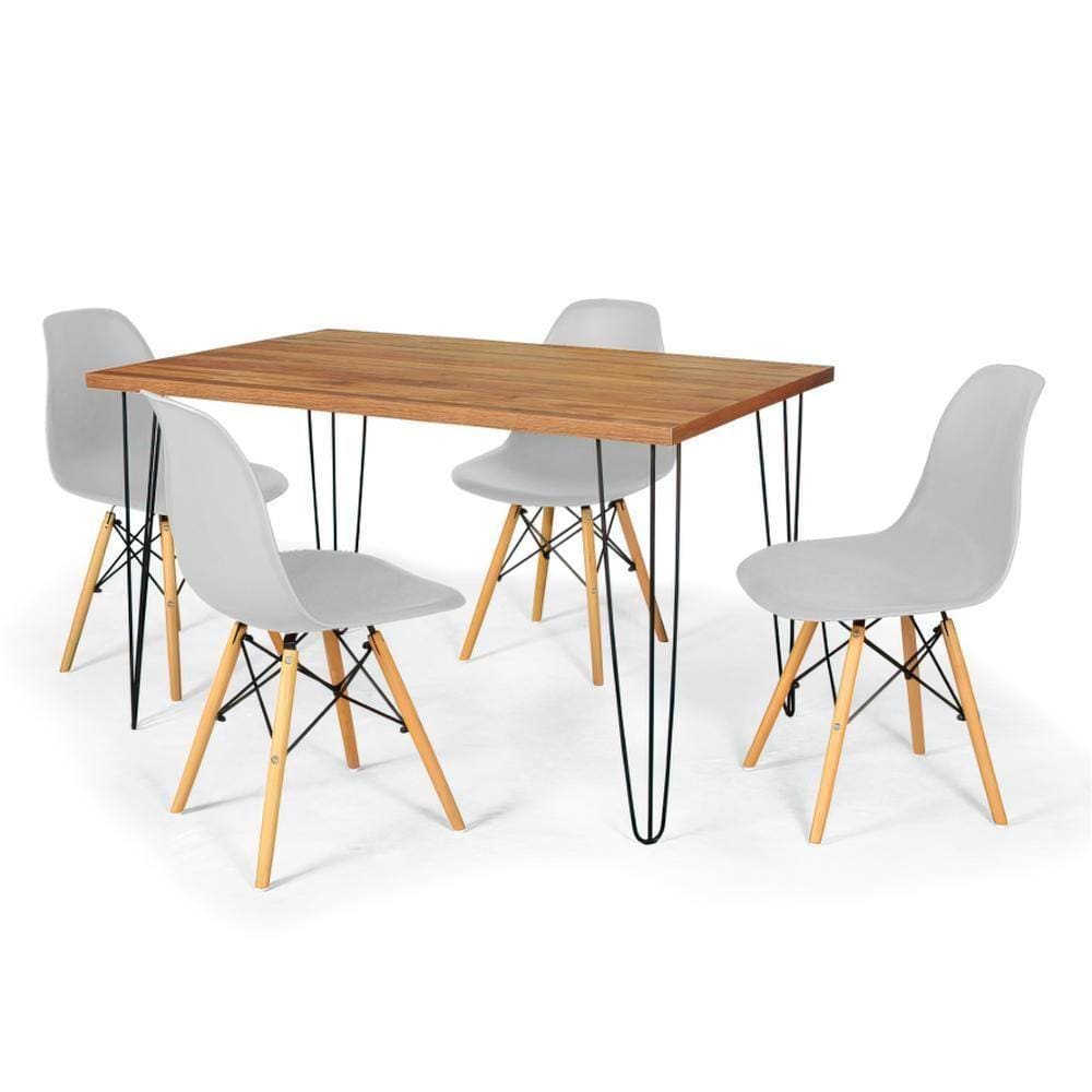 Conjunto Mesa De Jantar Hairpin 130x80 Natural Com 4 Cadeiras Eames Eiffel - Cinza