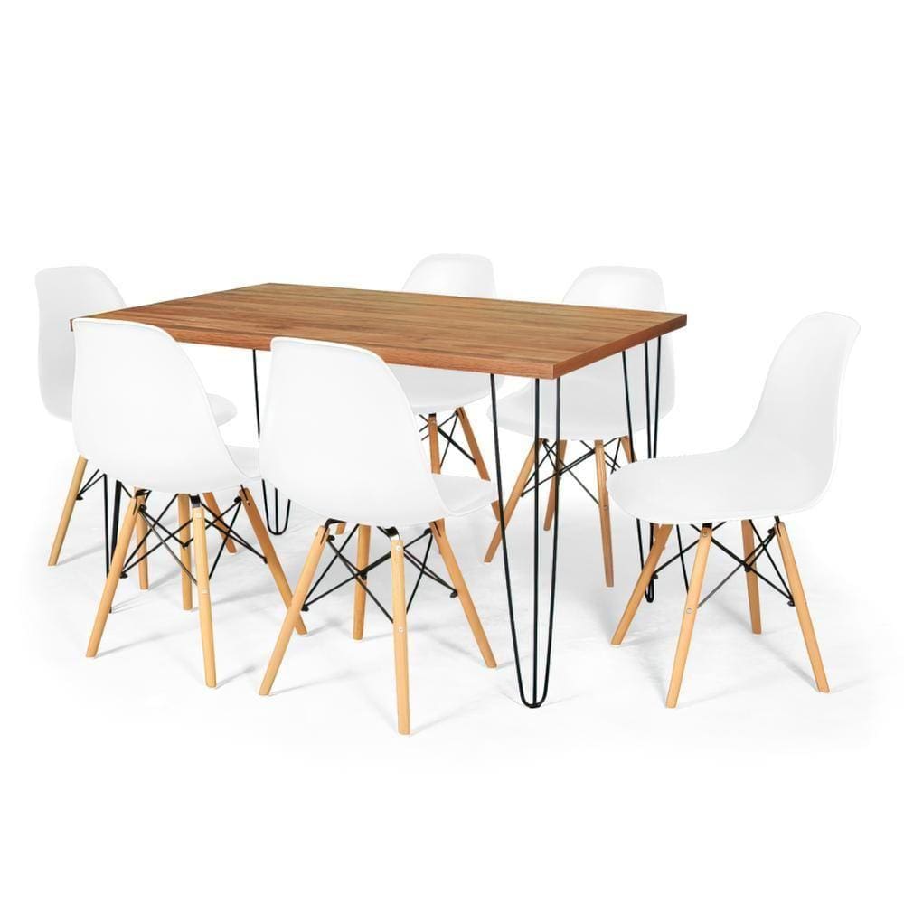 Conjunto Mesa De Jantar Hairpin 130x80 Natural Com 6 Cadeiras Eames Eiffel - Branco