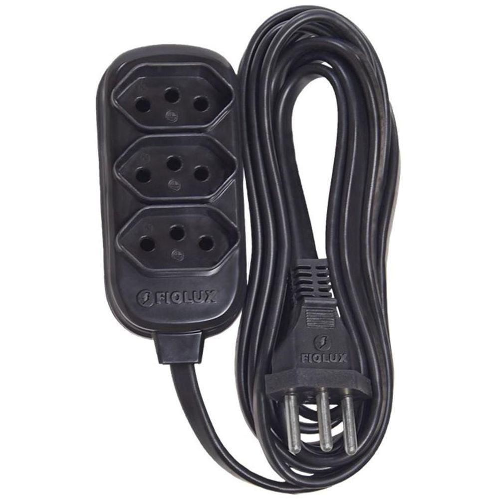 Extensão 2 Metros Tripolar Preta Com 3 Tomadas 2P+T Fiolux