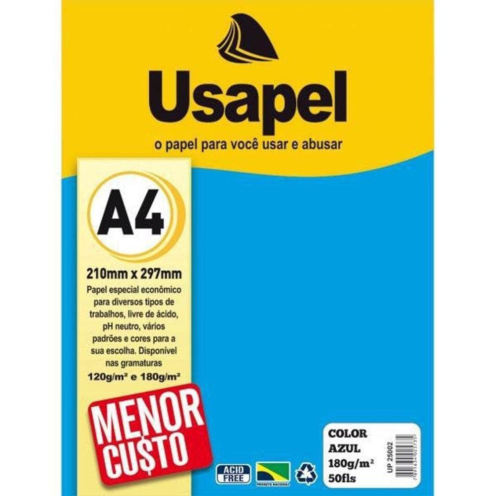 Papel Color A4 180G Azul 50 Folhas Usapel