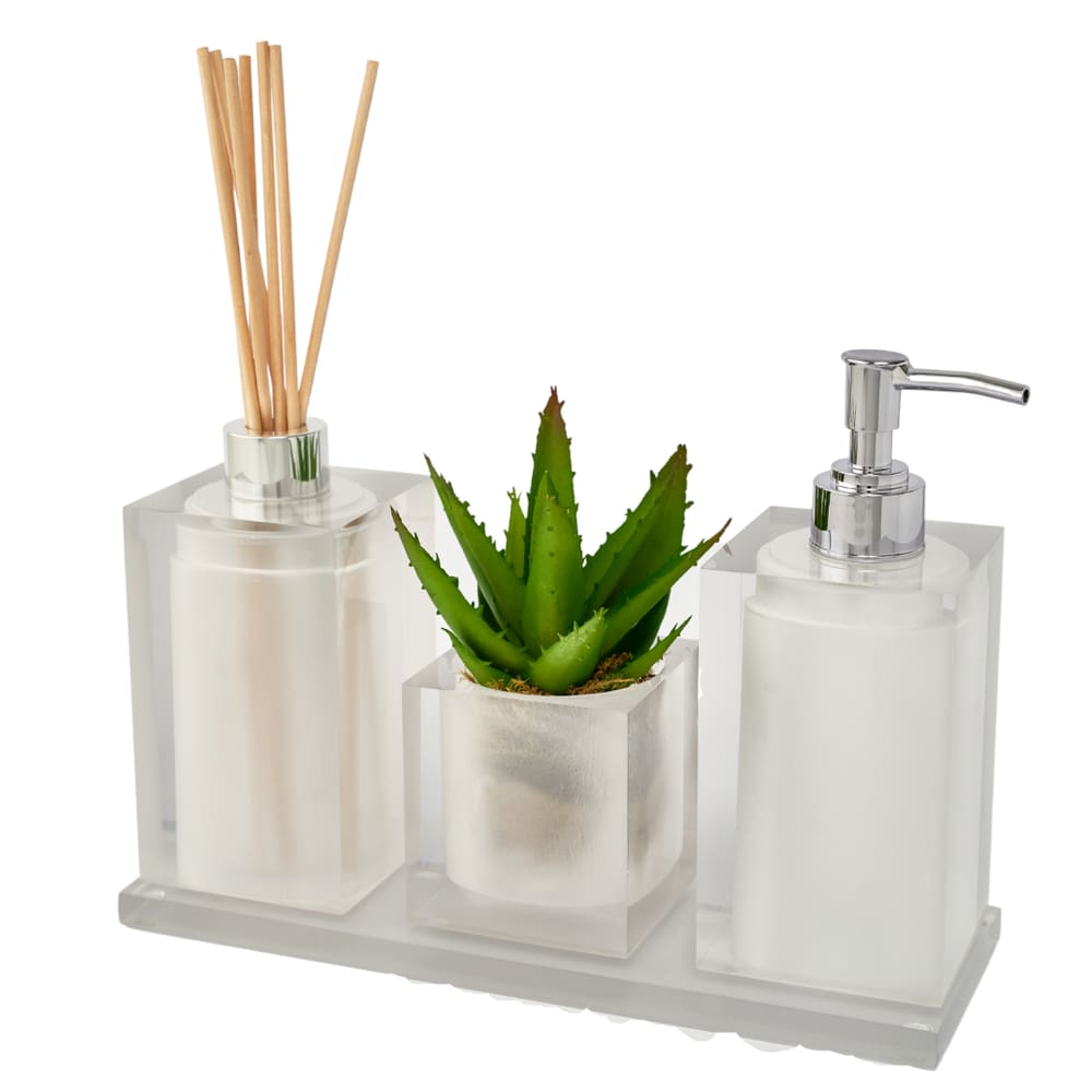 Kit Lavabo Premium 4 Peças em resina Cinza Tampa prata