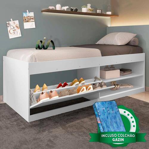 Cama Solteiro Box Com Sapateira Embutida Branco Vanessa Framar Com Colchão Gazin