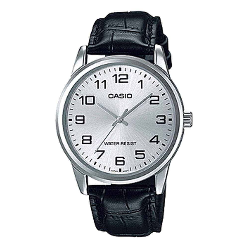 Relógio Masculino Casio Mtp-V001L 7Budf Prata Couro Preto