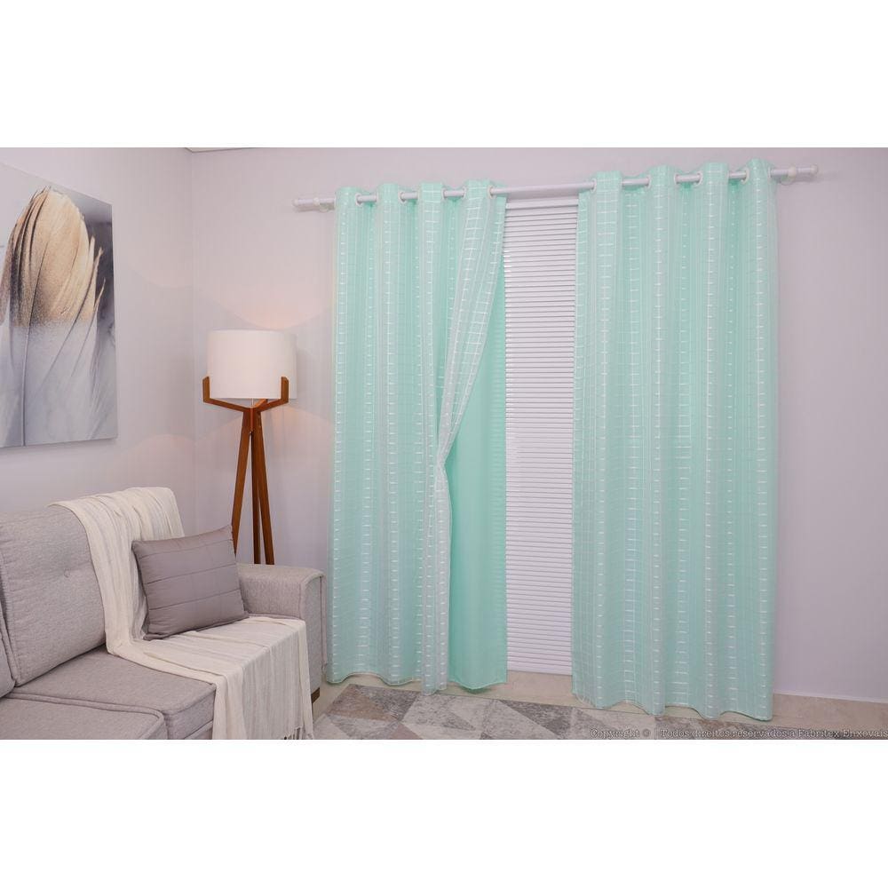 Cortina Oxford Verde-água com Voil Xadrez Sala/Quarto 300x250 - Fabritex