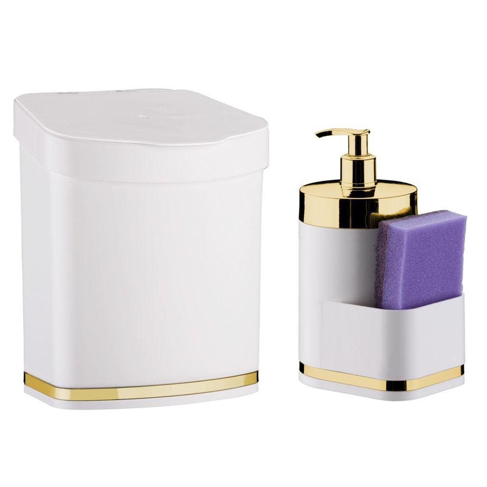 Kit Lixeira 2,5L E Dispenser Porta Detergente Esponja Organizadores de Pia Cozinha Branco Dourado - Future