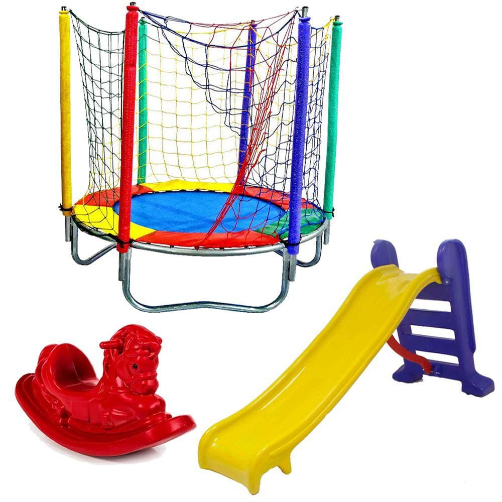 Cama Elástica Pula Pula Trampolim Colorida 1,40m + Escorregador Médio + Gangorra 1 lugar