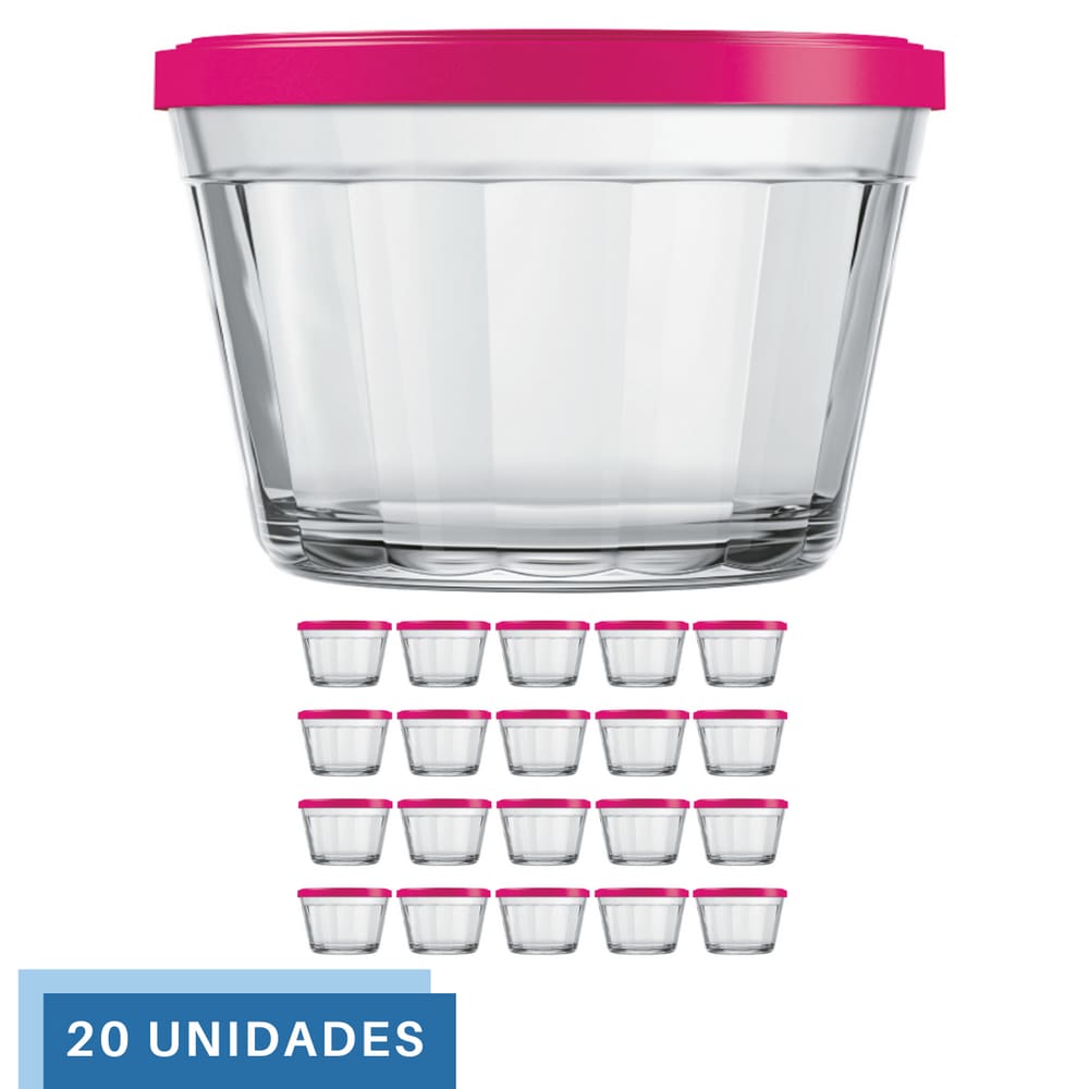 20 Tigela Vidro Americano Tampa Plastica Sortida 600ml Nadir