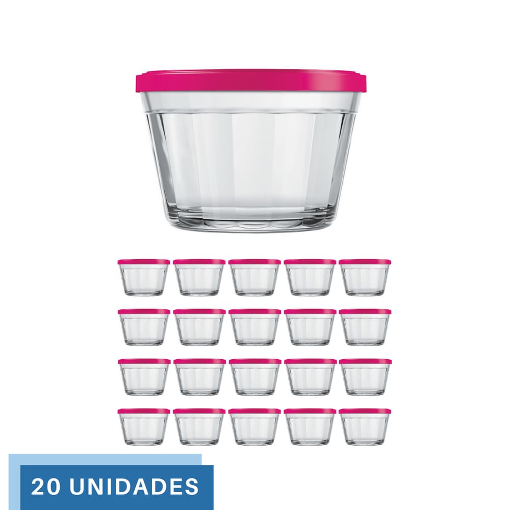 20 Tigela Vidro Americano Tampa Plastica Sortida 150ml Nadir