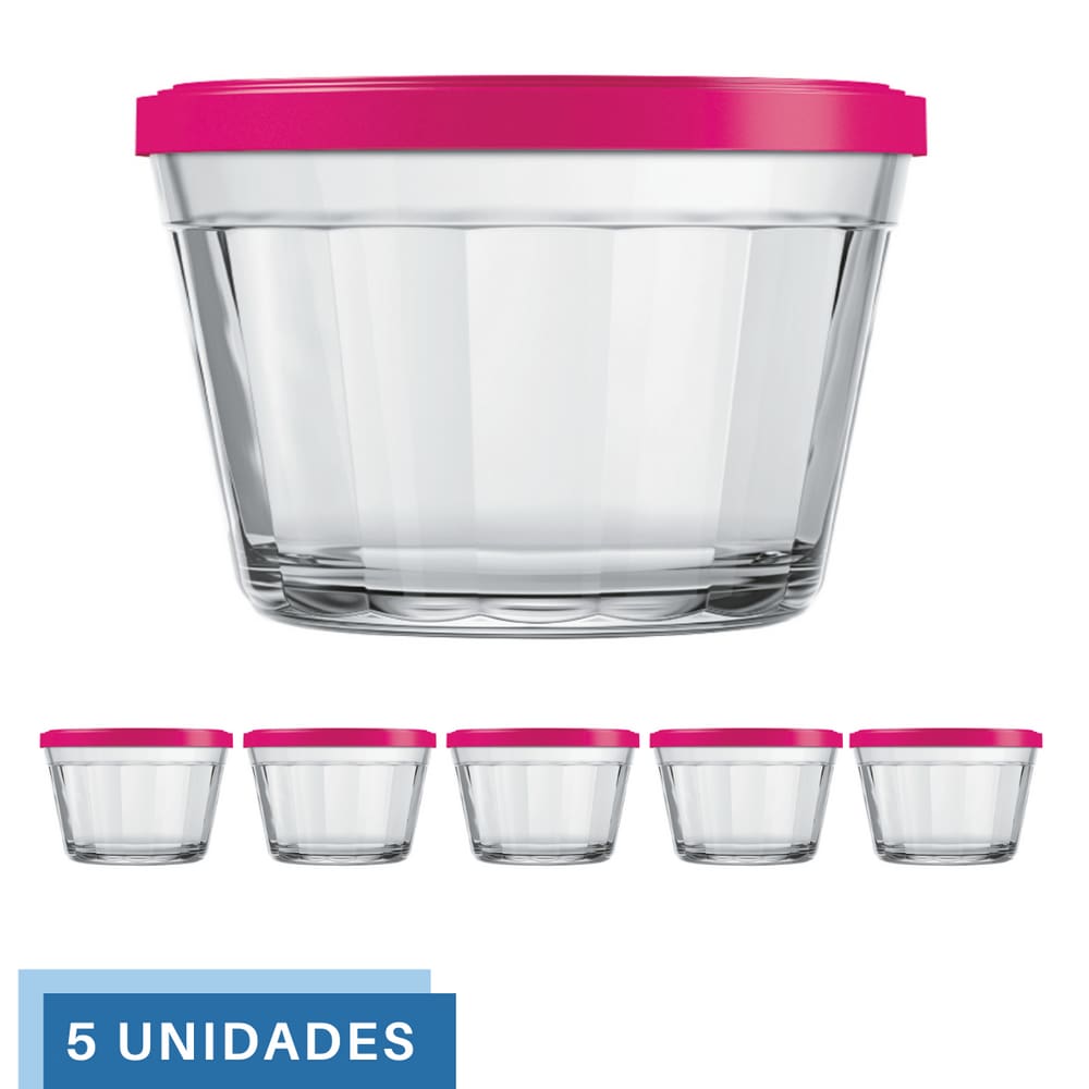 5 Tigela Vidro Americano Tampa Plastica Sortida 600ml Nadir