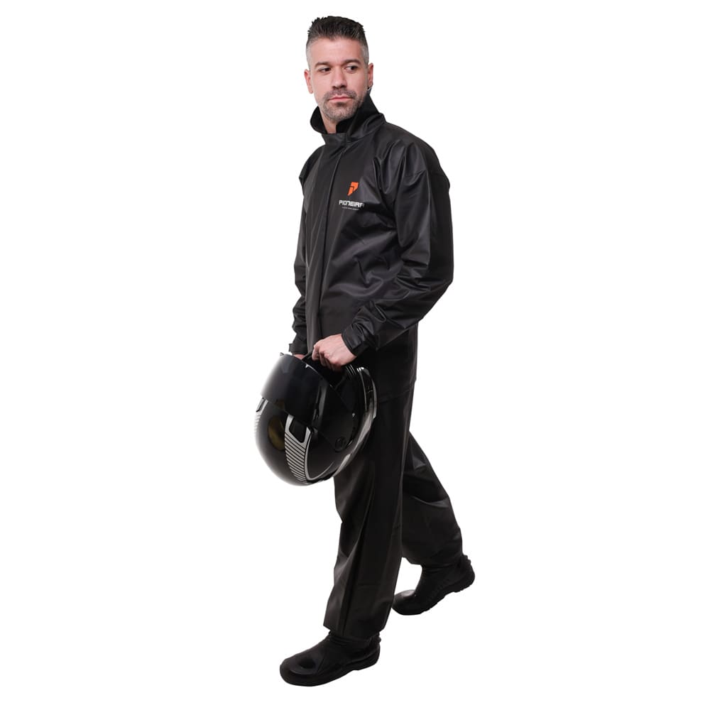 Capa de Chuva Motoqueiro PVC Preto Com Gola Motociclista Pioneira