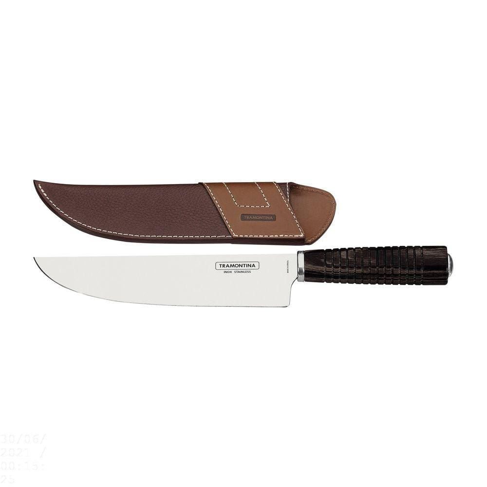 Faca Tramontina para Carne 8" em Aço Inox e Cabo Castanho Polywood com Bainha de Couro Tramontina