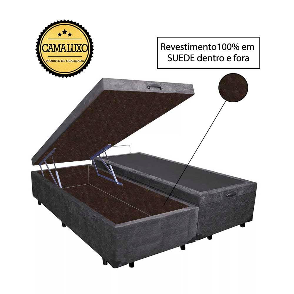 Cama Box Baú Luxo Blindado King Bipartido NK Camas Suede Cinza 41x193x203