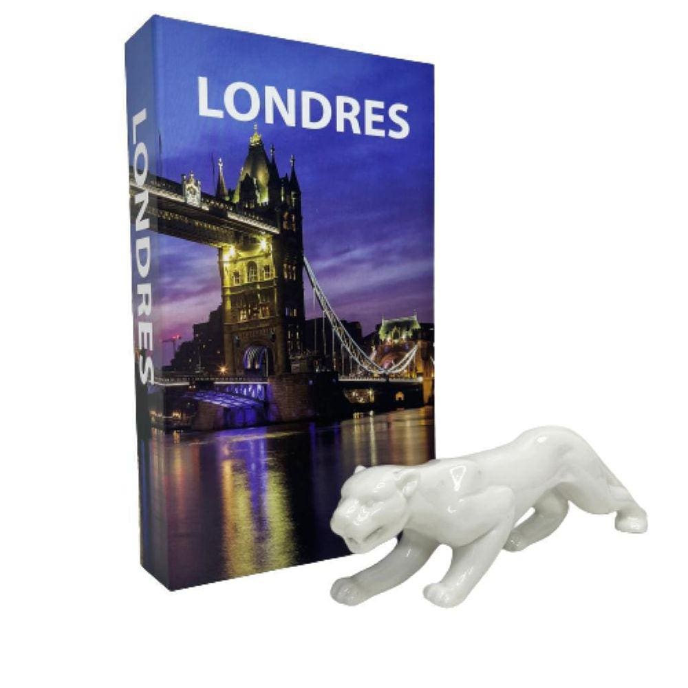Conjunto decoração livro Londres + escultura Pantera branca