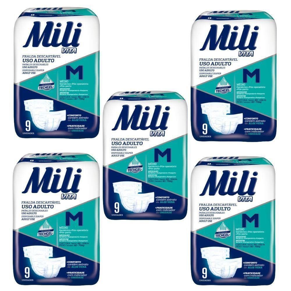 Fralda Geriátrica Adulto Mili Vita Tam M 5 Pacotes Com 9 Fraldas