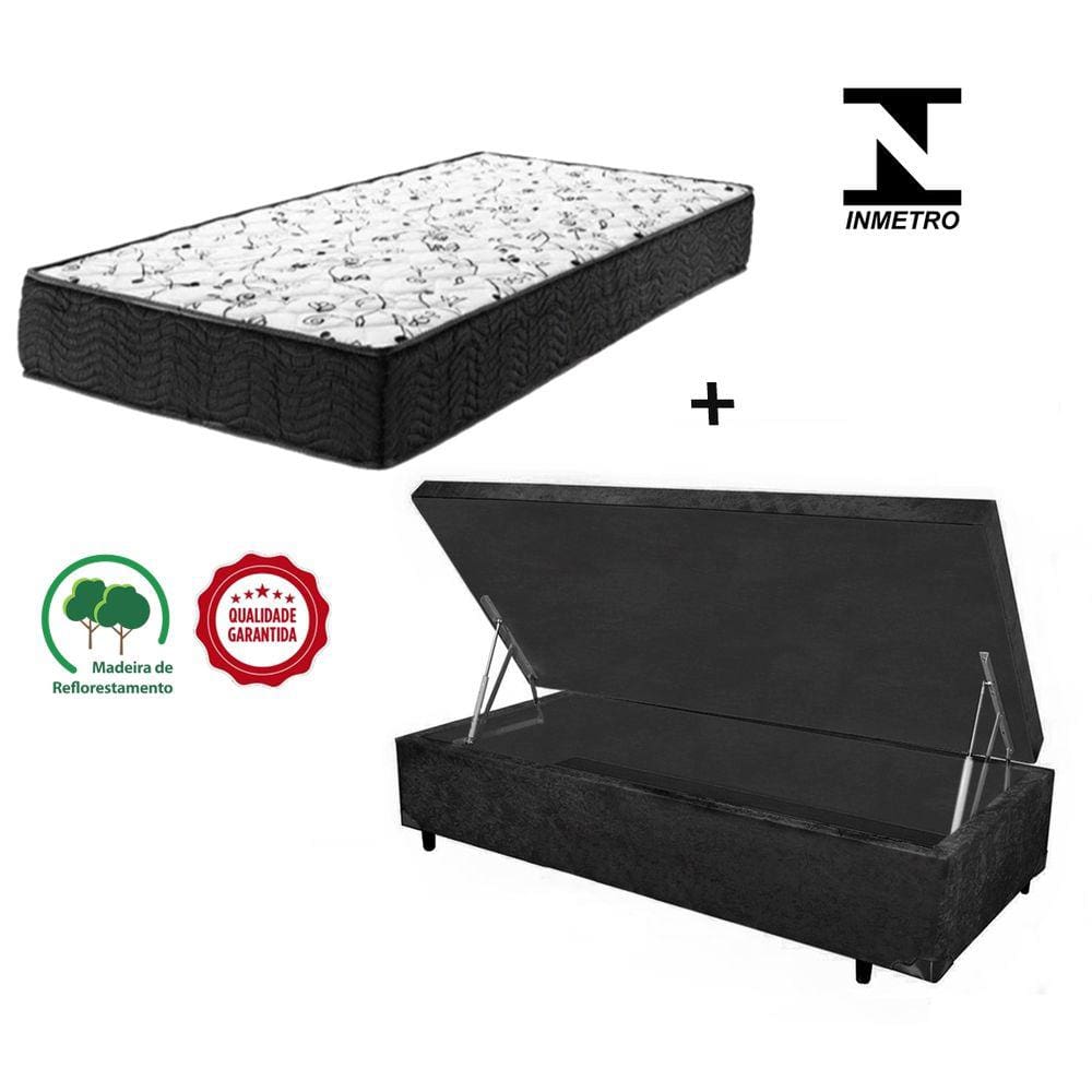 Cama Baú Solteiro Preto Suede + Colchão Espuma D28 88x188x14
