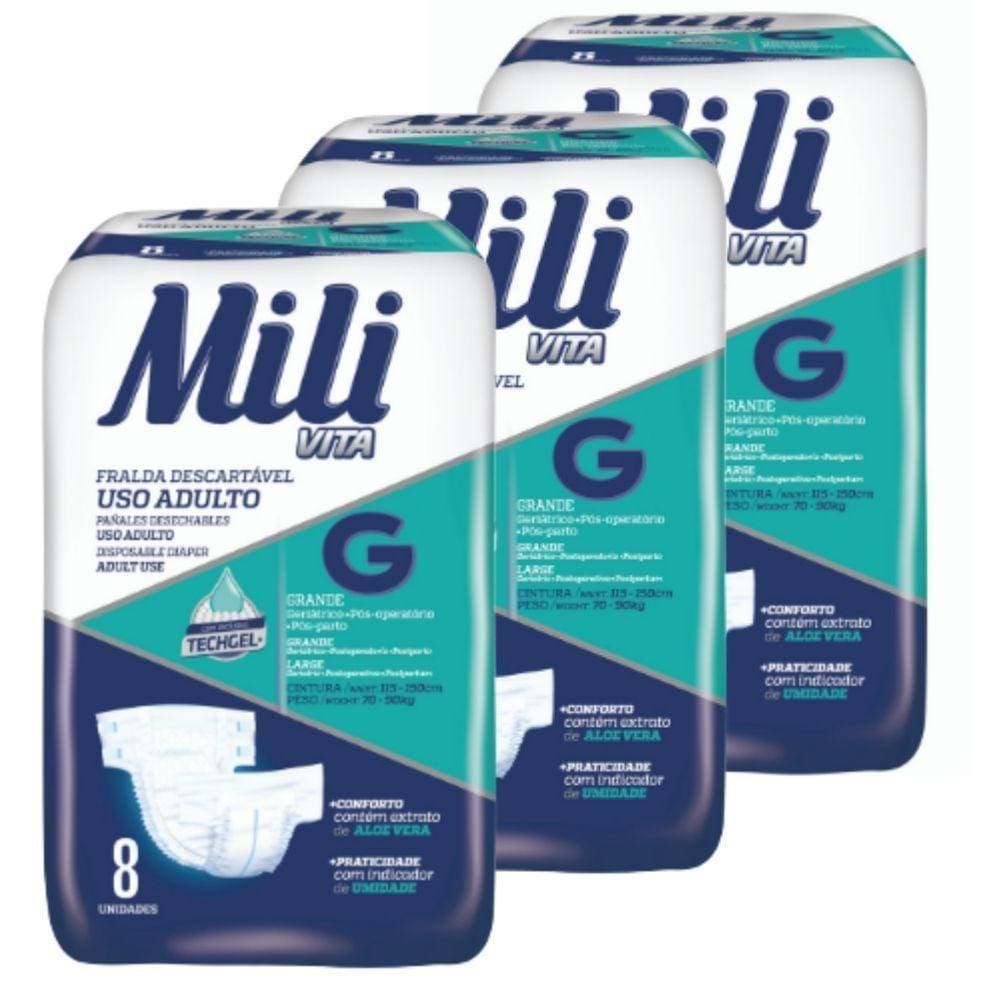 Fralda Geriatrica Mili Vita Adulto Tamanho G 3 Pacotes De 8 Um