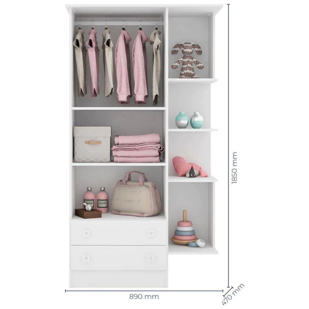 Quarto de Bebê Qmovi Doce Sonho 2 Portas 5 Gavetas Com Berço, Guardaroupa, Cômoda e Módulo Infantil