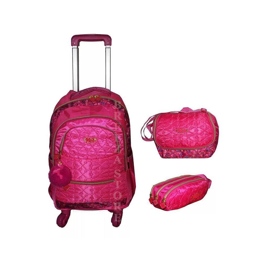 Kit Mochila Feminina Rodinha 360 + Lancheira + Estojo Rosa