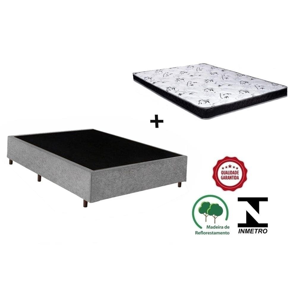 Cama Box Casal Cinza Suede + Colchão Espuma D20 138x188x12