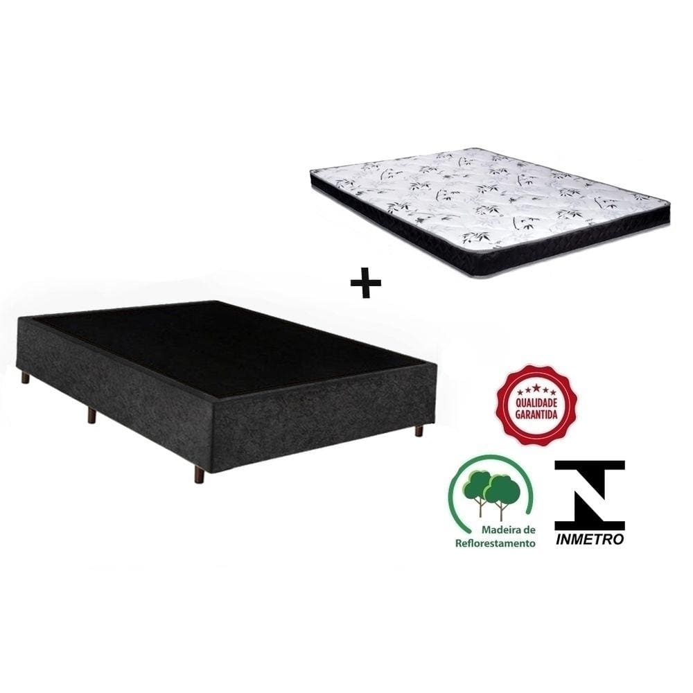 Cama Box Casal Preto Suede + Colchão Espuma D28 138x188x8
