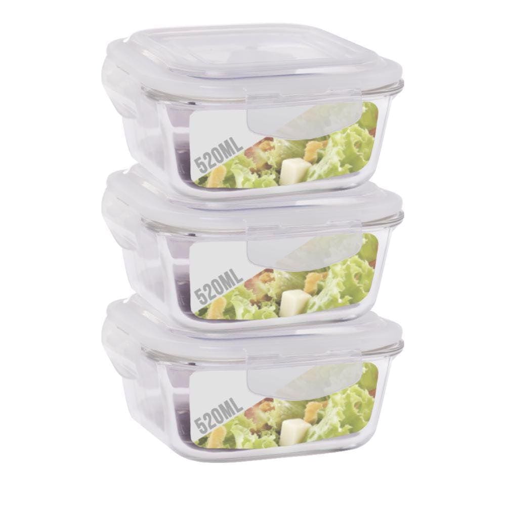 Conjunto 3 Potes Vidro Hermético Tampa Mantimentos 520Ml