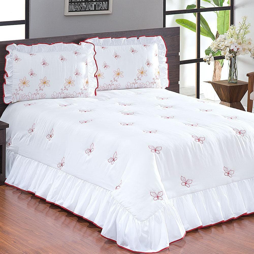 Colcha Casal Queen Coleção Borboletas 3Pçs Branco / Vermelho