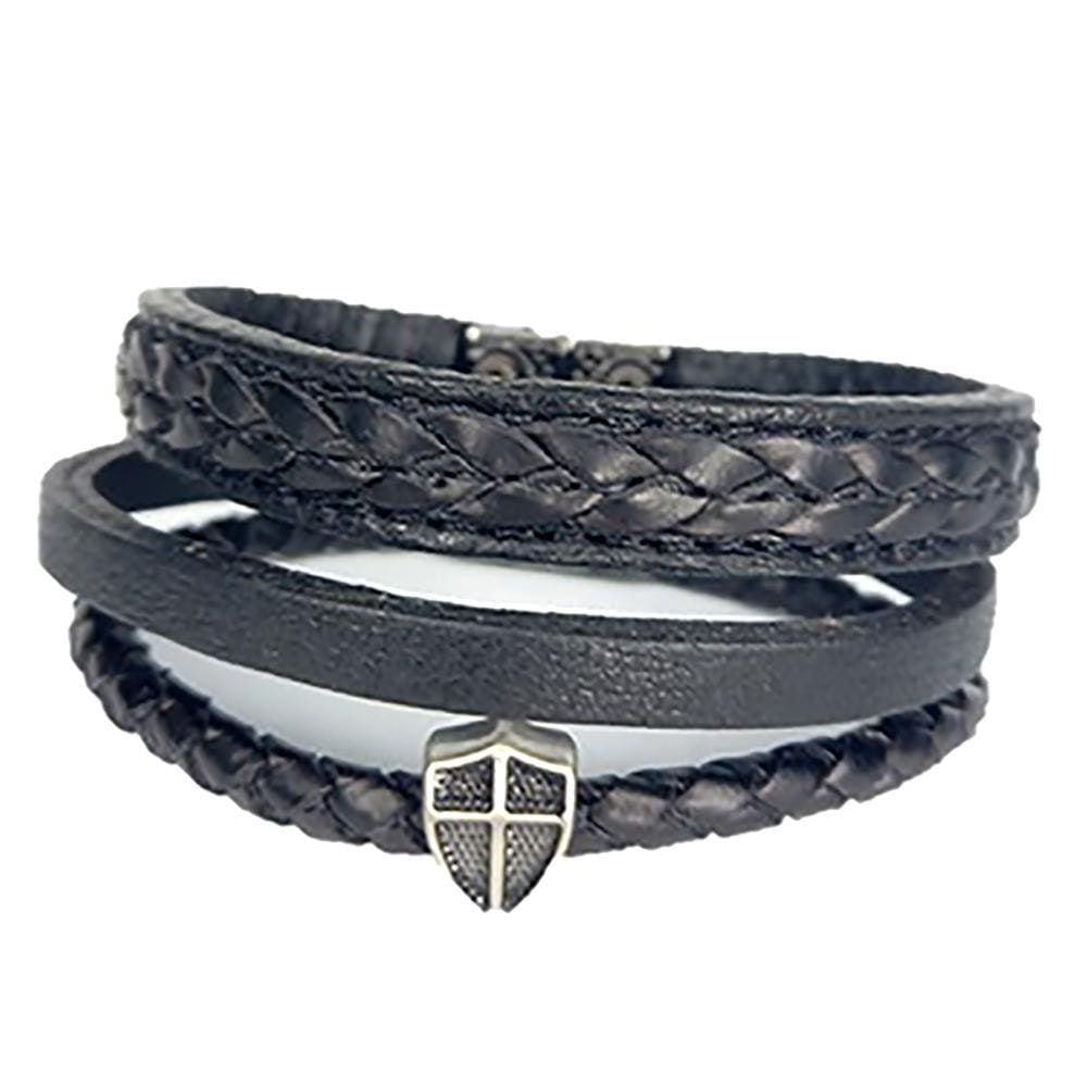 Pulseira Armazem Rr Bijoux Couro Preto Com Cruz -3 Voltas