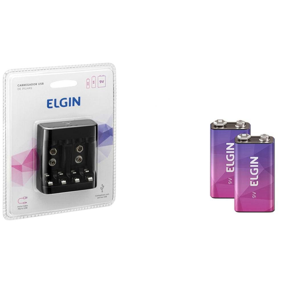 Carregador Usb De Pilhas Elgin Com 2 Baterias 9 Volts