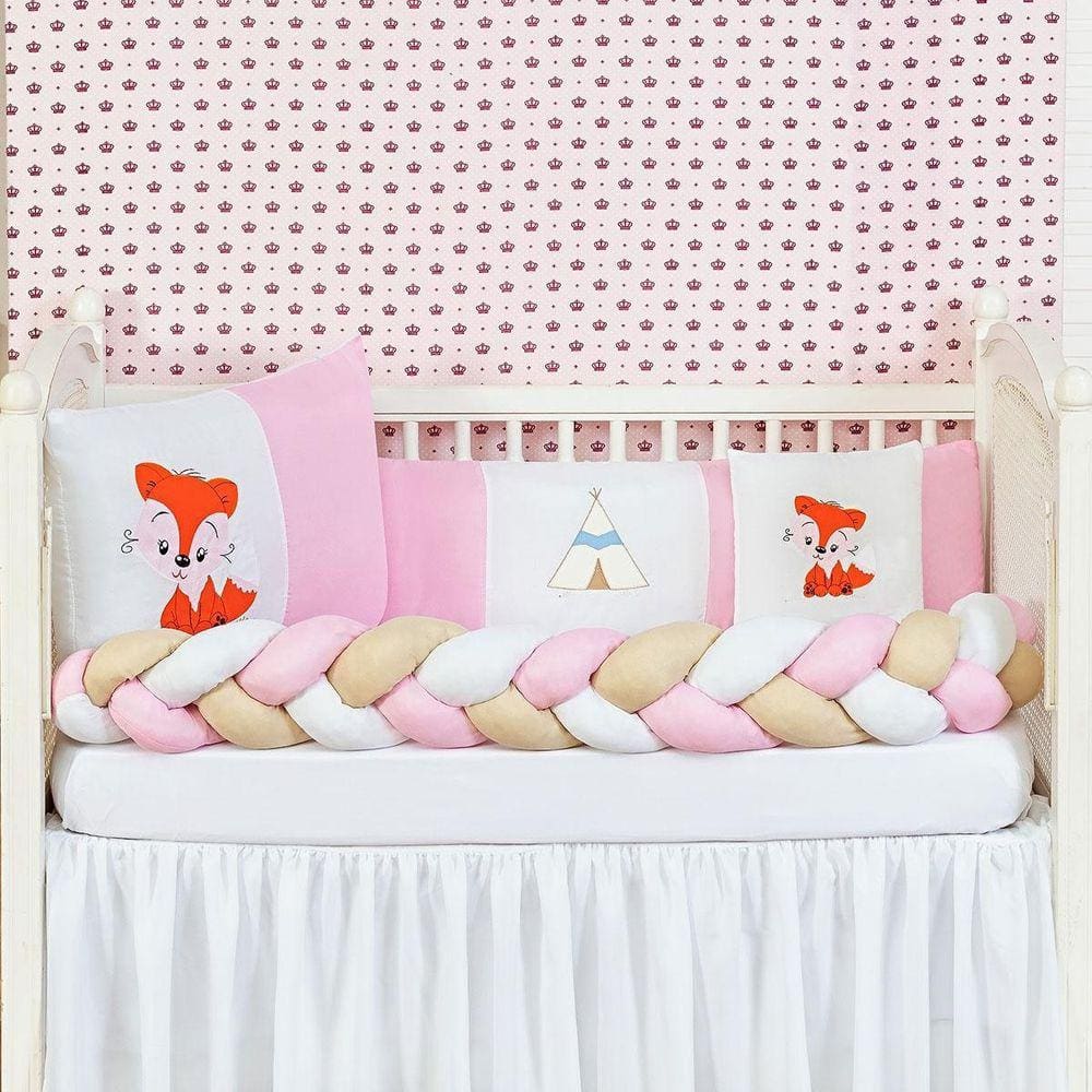 Kit Berço Trança Raposa Com Enchimentos Menina 6 Peças Rosa