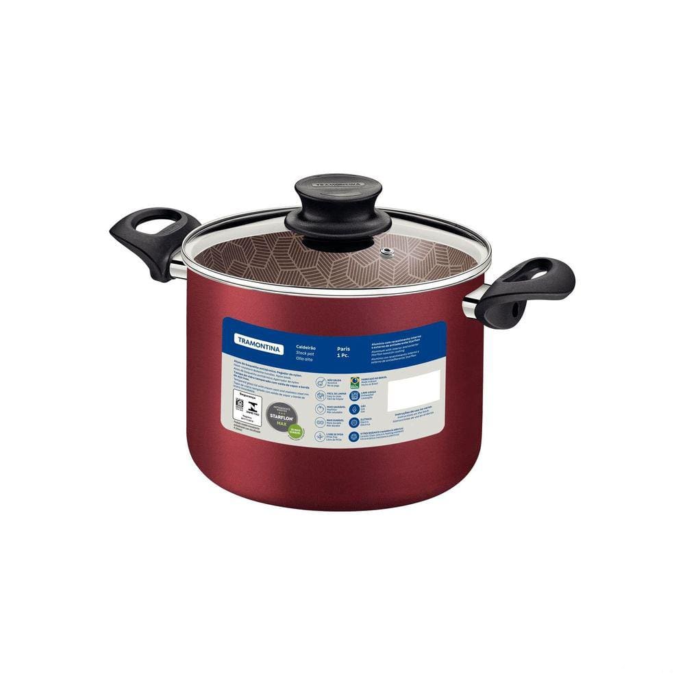 Caldeirão Tramontina Paris Antiaderente Starflon Max Vermelho com Tampa de Vidro 26 cm 9,6 L Tramontina