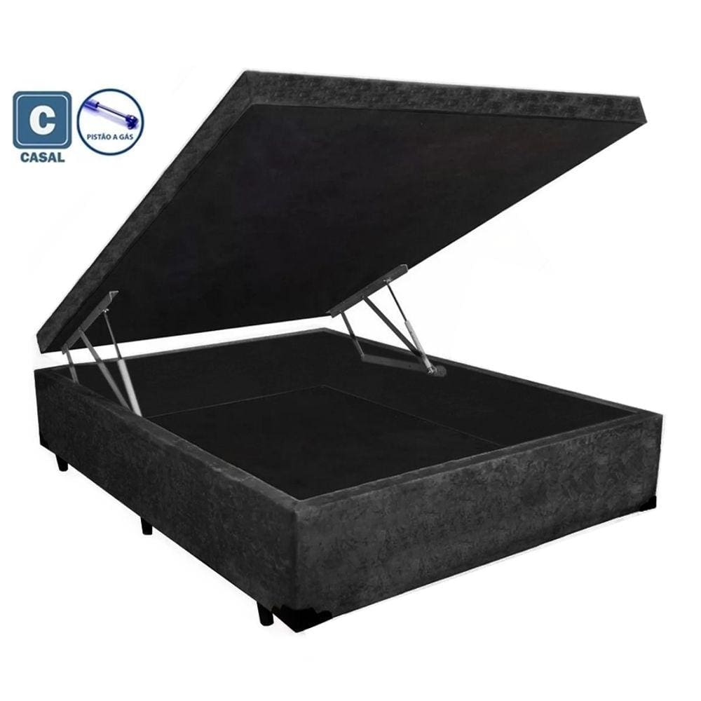 Cama Box Baú Casal Industrial AColchões Suede Preto 41x138x188