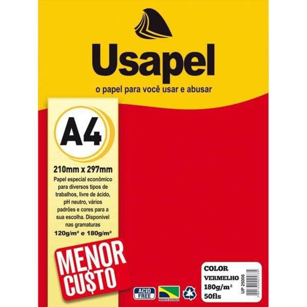 Papel Color A4 180G Vermelho 50 Folhas Usapel