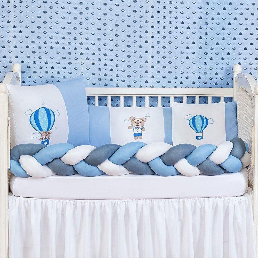 Kit Conjunto Protetor De Berço Trança Balão 6 Peças Azul
