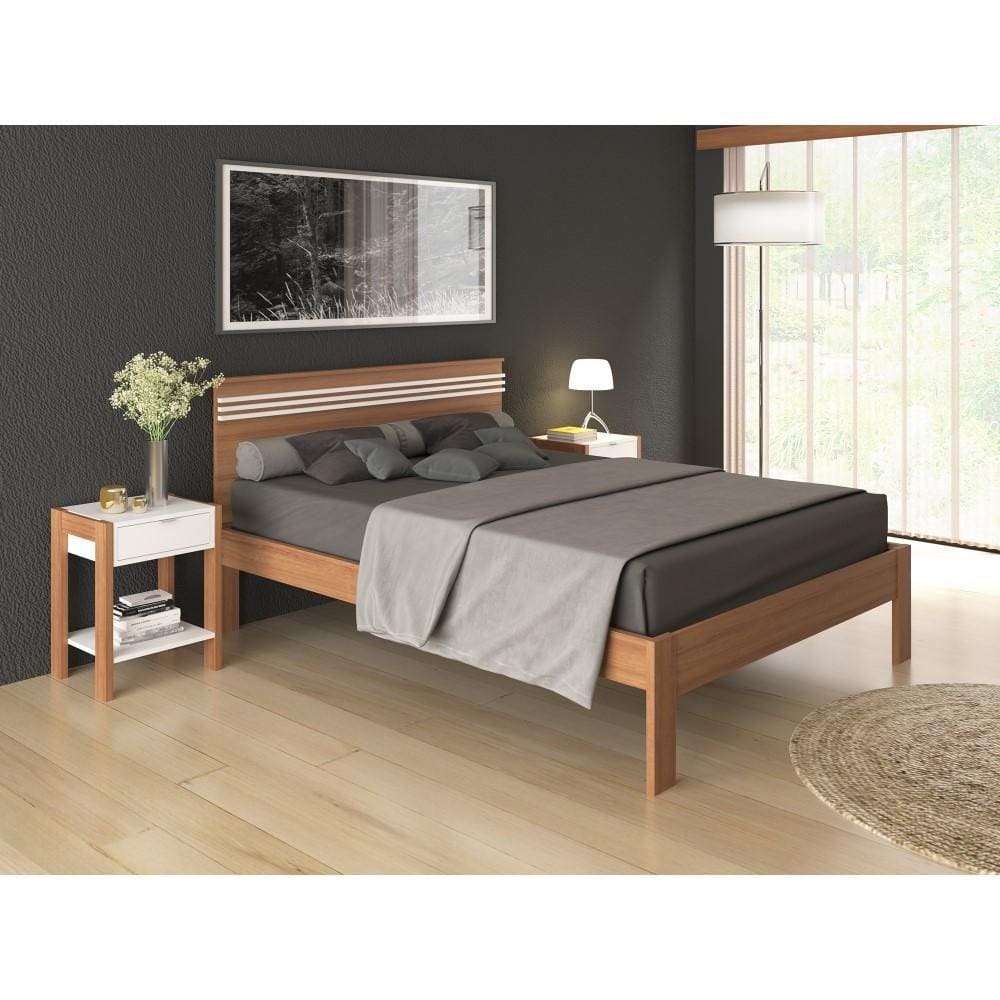 Cama de Casal Grande 195 cm Com Cabeceira Quarto Adulto Amêndoa Marrom Madeira Branco