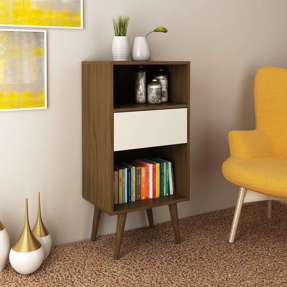Estante Baixa Mesa Lateral Para Livros Com 1 Gaveta e 2 Nichos Sala de Estar Marrom Escuro Off White