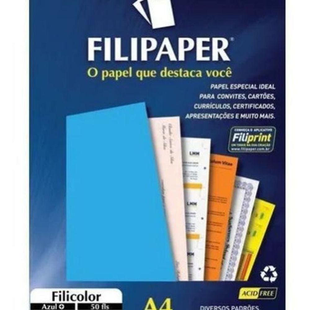Papel A4 Color Filicolor Azul 180G Pacote Com 50 Filipaper