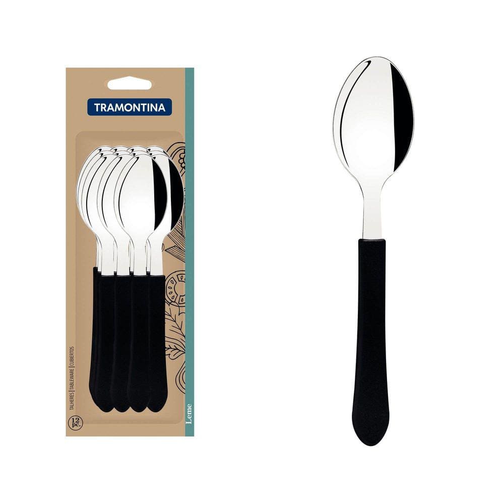 Conjunto de Colheres de Mesa Tramontina Leme com Lâminas em Aço Inox e Cabos de Polipropileno Preto 12 Peças Tramontina