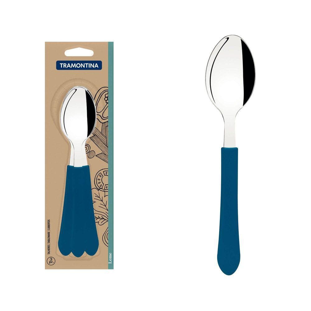 Conjunto de Colheres de Mesa Tramontina Leme com Lâminas em Aço Inox e Cabos de Polipropileno Azul Oceano 3 peças Tramontina