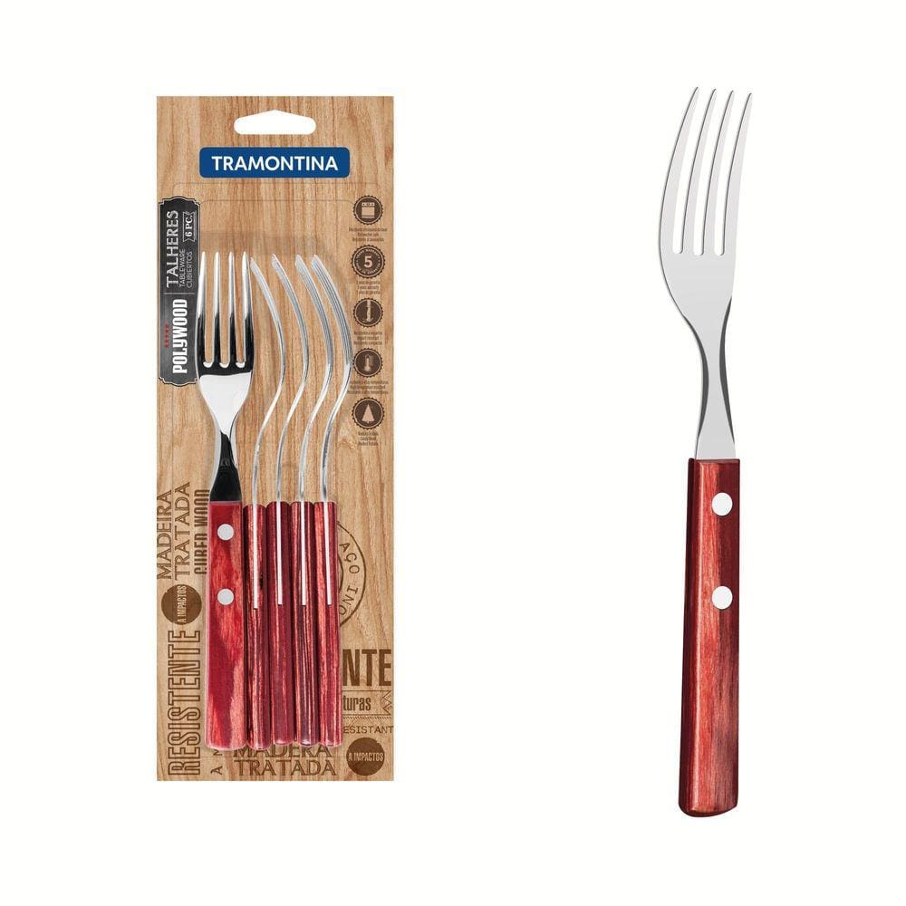 Conjunto de Garfos de Mesa Tramontina com Lâminas em Aço Inox e Cabos em Madeira Polywood Vermelho 6 Peças Tramontina
