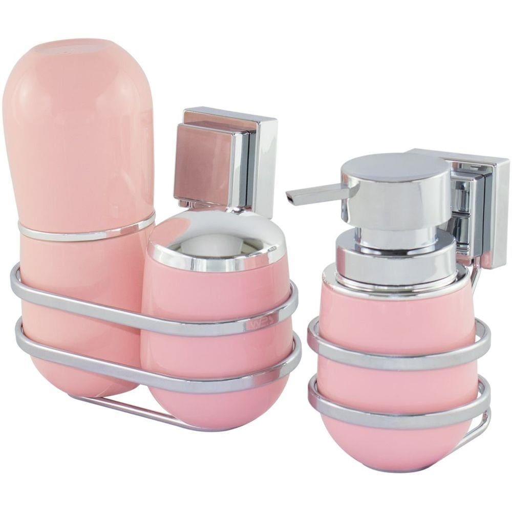 Porta Escova Sabonete Algodão 2 Suporte Cromado Fixação Ventosa - Rosa