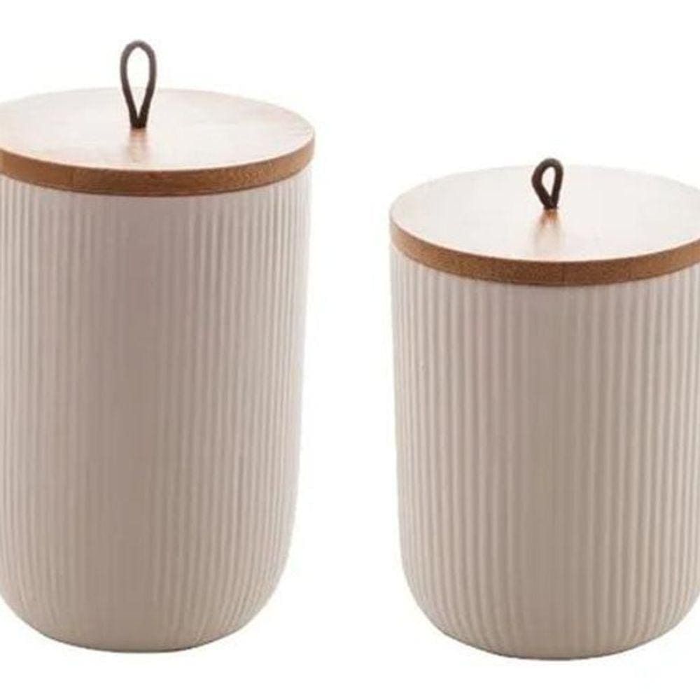 Kit Potiche Decorativo De Cerâmica Com Tampa De Bambu