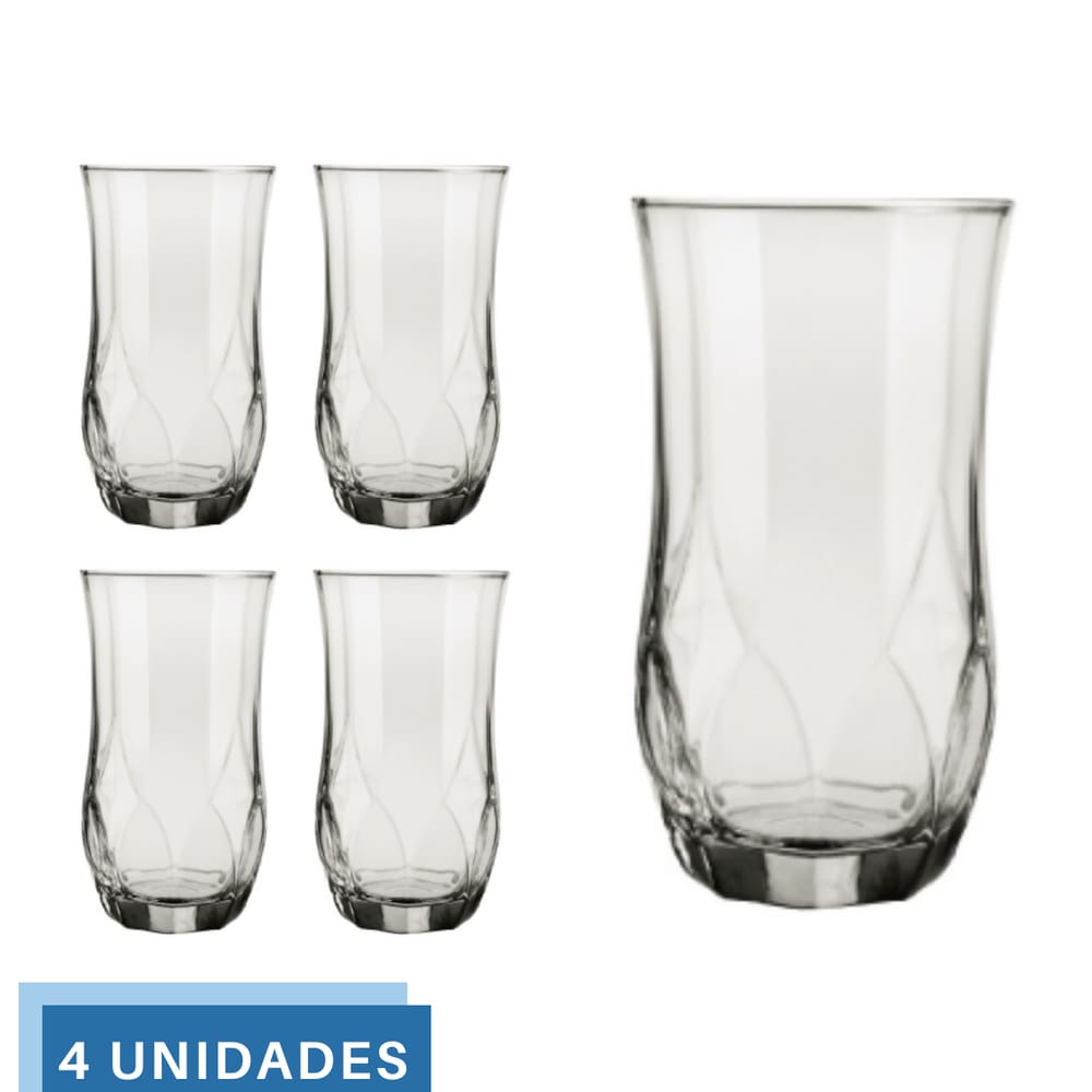 4 Copos Ópera Vidro Transparente Redondo 360ml Durável Nadir