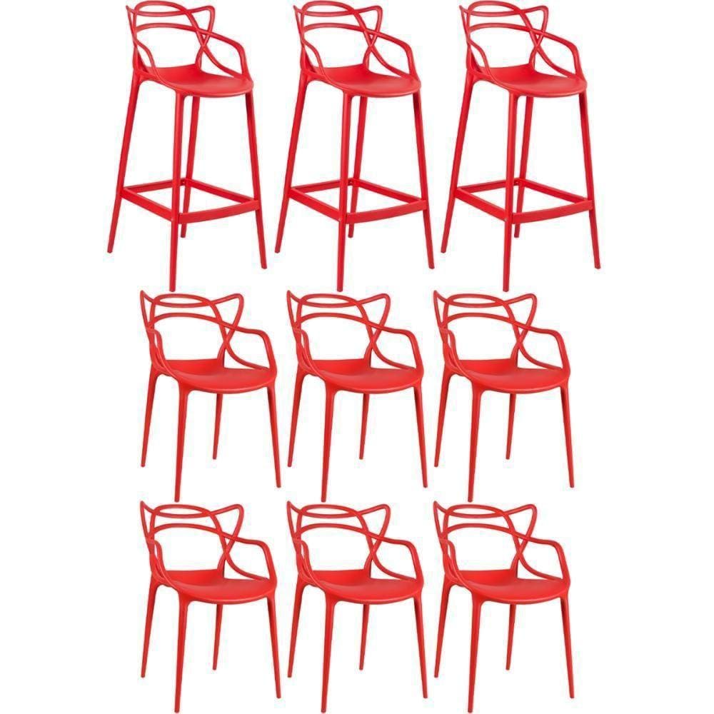 Kit 6 Cadeiras + 3 Banquetas Altas Masters Allegra Vermelho