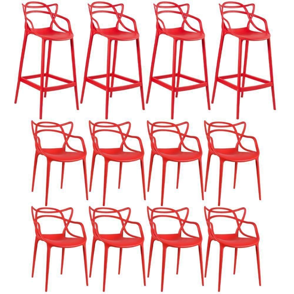 Kit 8 Cadeiras + 4 Banquetas Altas Masters Allegra Vermelho