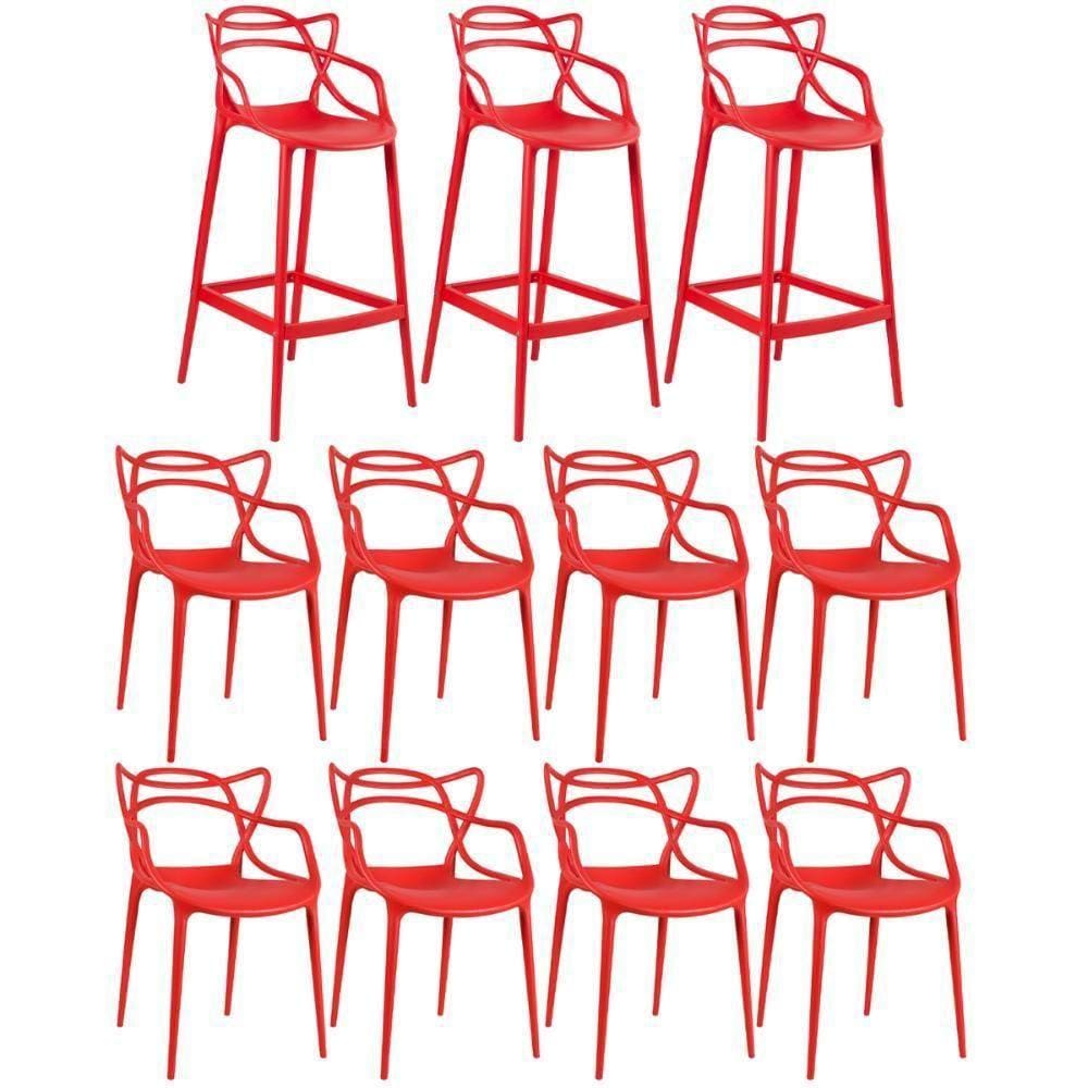 Kit 8 Cadeiras + 3 Banquetas Altas Masters Allegra Vermelho Vermelho