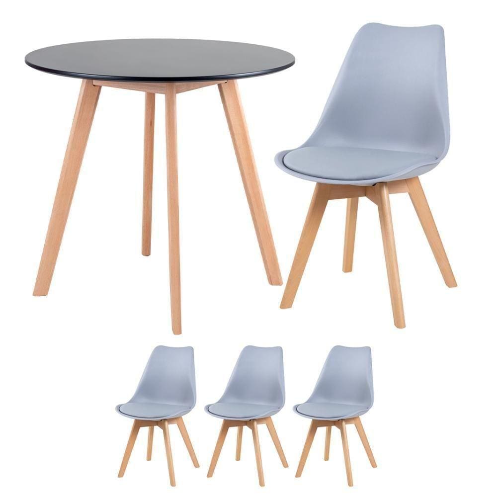 Mesa Redonda 80cm Preto + 3 Cadeiras Cinza Claro
