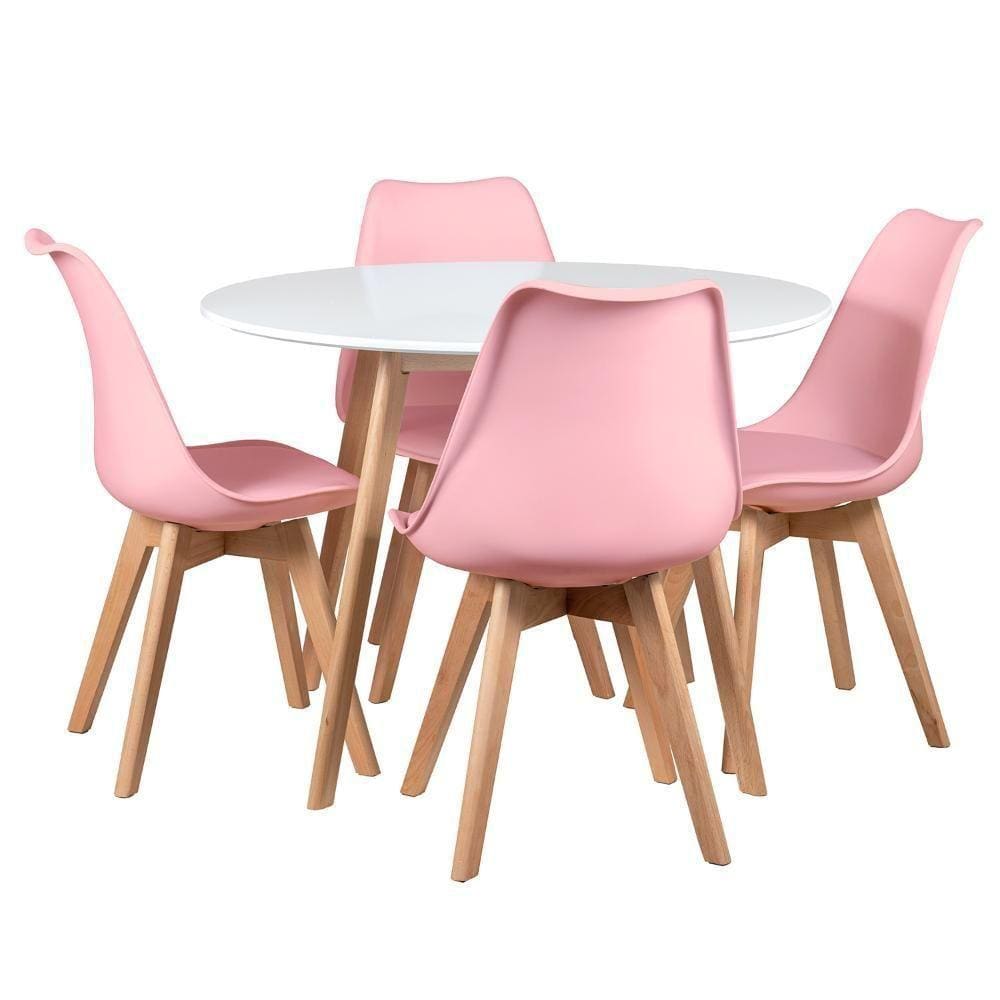 Mesa Redonda 100cm Branco + 4 Cadeiras Rosa Claro